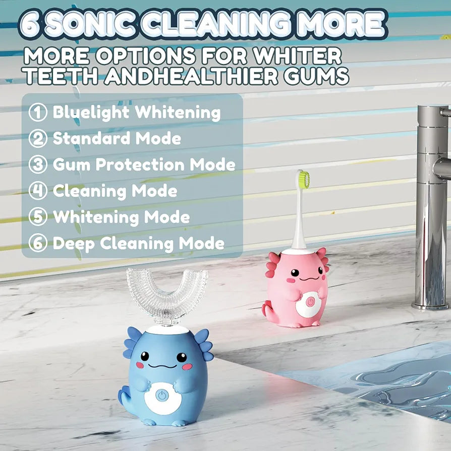Kids Electric U Shaped Toothbrush - Axolotl Kids Cartoon Sonic Automatic Toothbrush with 6 Brush Heads Full Mouth 6 Cleaning Modes - Age2-15 Blue