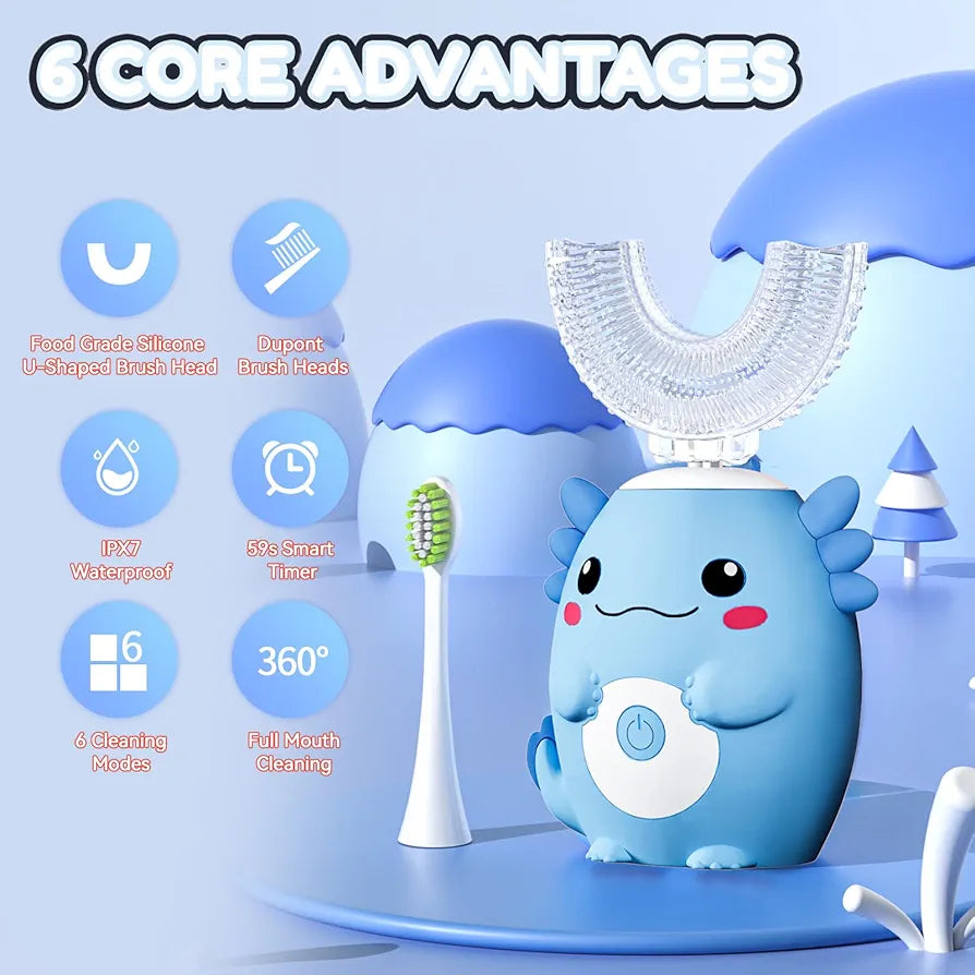 Kids Electric U Shaped Toothbrush - Axolotl Kids Cartoon Sonic Automatic Toothbrush with 6 Brush Heads Full Mouth 6 Cleaning Modes - Age2-15 Blue