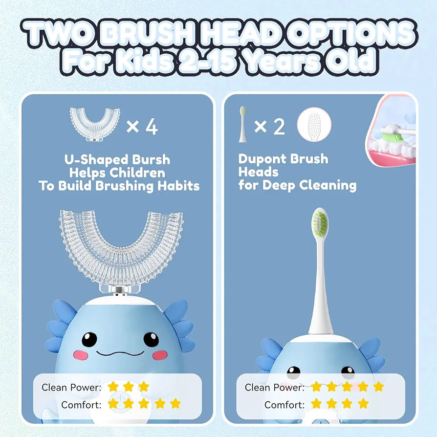 Kids Electric U Shaped Toothbrush - Axolotl Kids Cartoon Sonic Automatic Toothbrush with 6 Brush Heads Full Mouth 6 Cleaning Modes - Age2-15 Blue