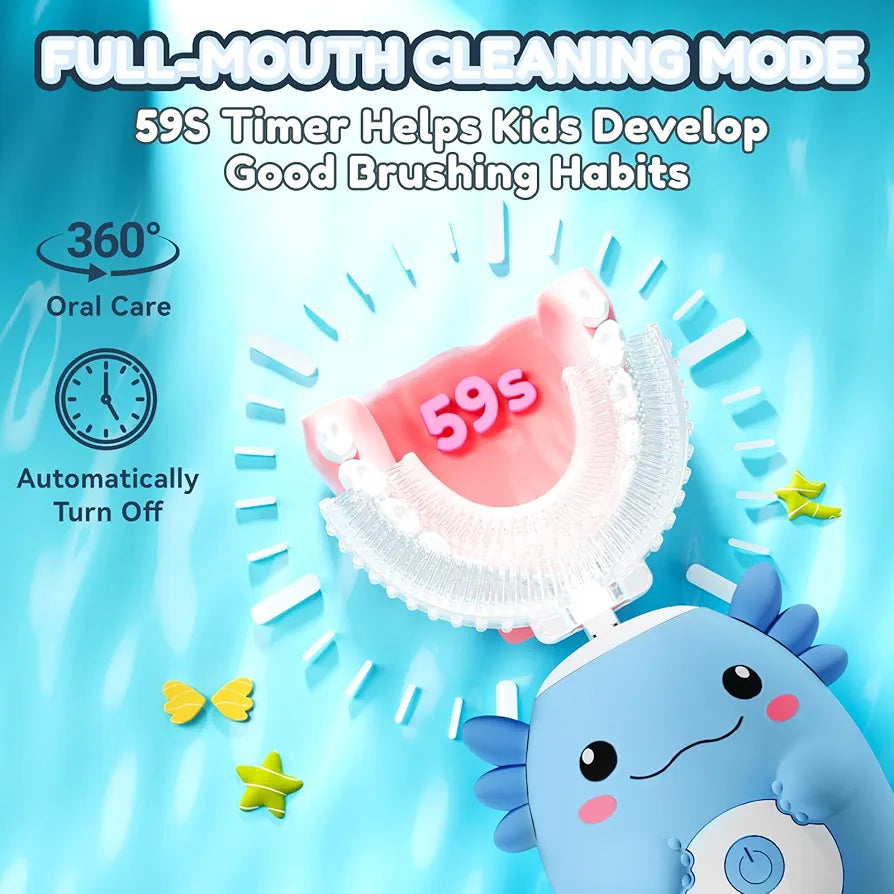 Kids Electric U Shaped Toothbrush - Axolotl Kids Cartoon Sonic Automatic Toothbrush with 6 Brush Heads Full Mouth 6 Cleaning Modes - Age2-15 Blue