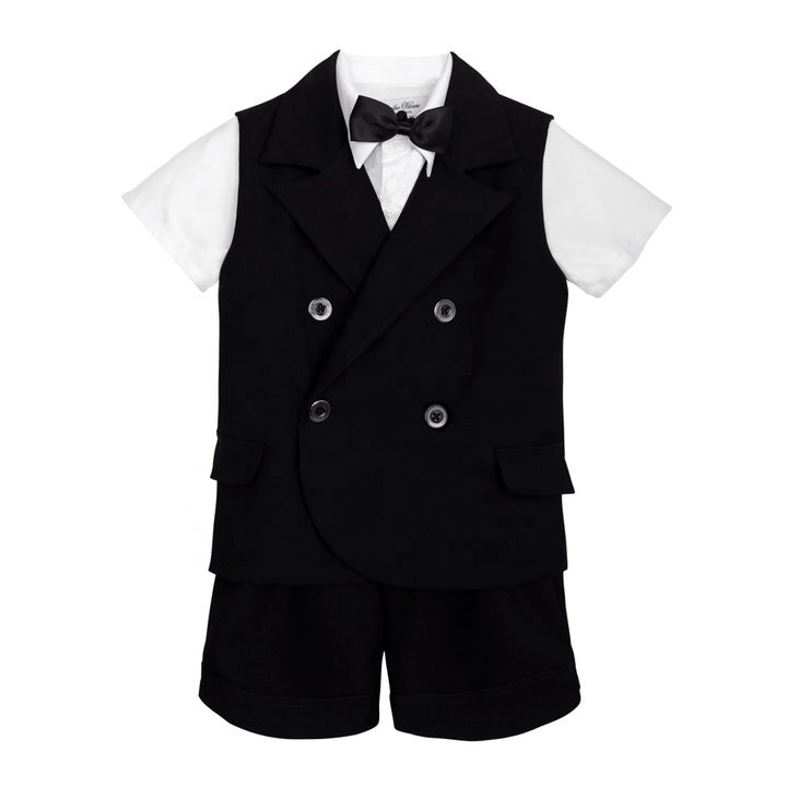 Premium Design 4 Pieces Suits Outfits Black Suit Black Knot Short Sleeves Shirt Black Short Pants Baby Boy Set-Daniel Suit