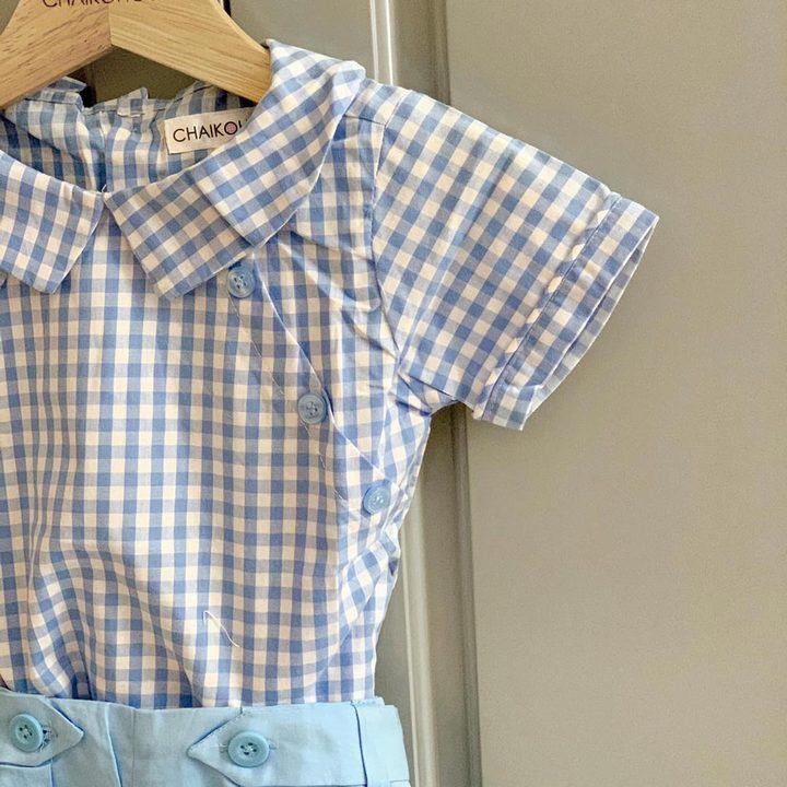 Summer Clothing Set Baby Boy Design 2024 2 Pieces Blue and White Plaid Short Sleeves Shirt and Blue Short Pants - FW Set