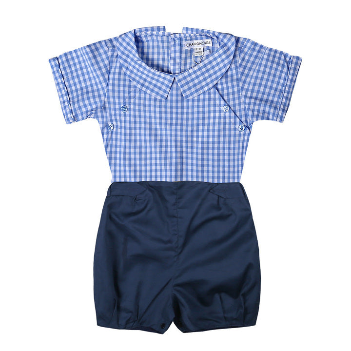 2024 Summer Hot Trend Baby Boy Clothing Set Blue and White Plaid Short Sleeves Shirt with Blue Short Pants-a Fashionable FW Set