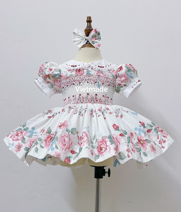 Kids Smocked Clothing Baby Kids Toddler Girls Sibling Clothes Summer Fall Floral Print Embroidery Dress Outfit Romper Matching