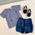 Summer Clothing Set Baby Boy Design 2024 2 Pieces Blue and White Plaid Short Sleeves Shirt and Blue Short Pants - FW Set
