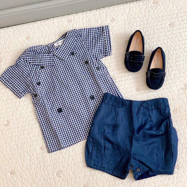 Summer Clothing Set Baby Boy Design 2024 2 Pieces Blue and White Plaid Short Sleeves Shirt and Blue Short Pants - FW Set