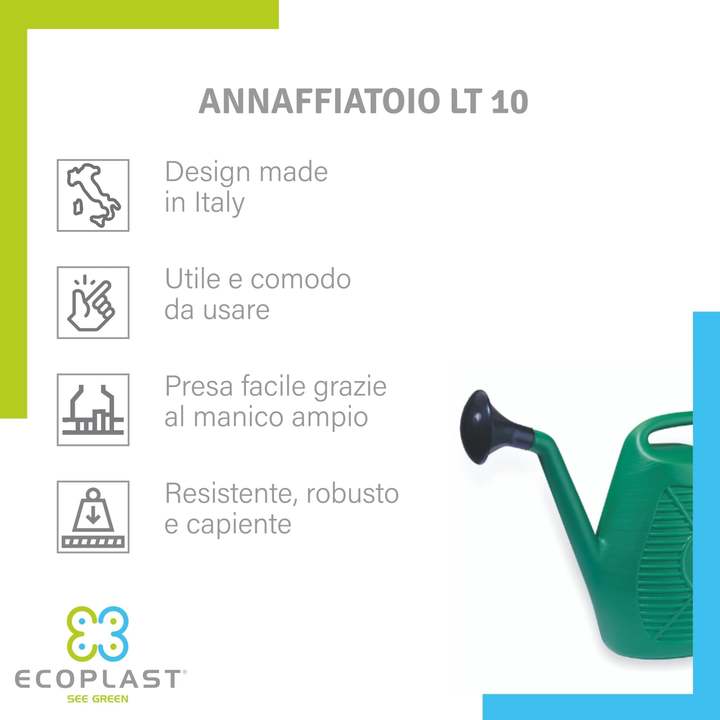 Ecoplast Plastic Watering Can 10L 800g for Gardening Plants and Flowers Easy to Use Durable Deformable