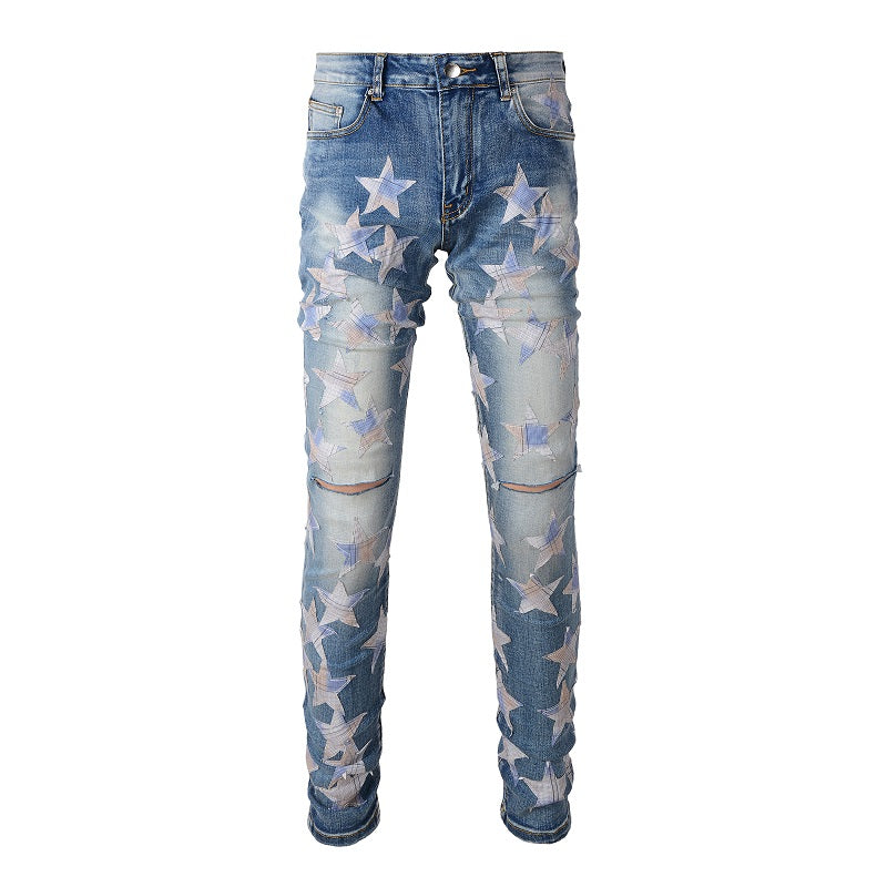 Dropshipping Ripped Distressed Leather Star Patch  Designer Mens denim Jeans