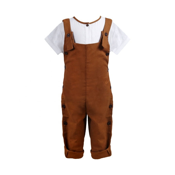 High Quality Manufacturer Vintage Baby Boy Clothing Set Short Sleeves Shirt, Brown Overalls 2 Pieces Outfits - Linen Set