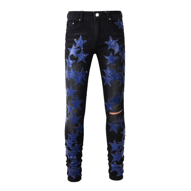 Dropshipping Ripped Distressed Leather Star Patch  Designer Mens denim Jeans