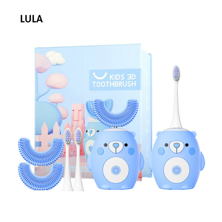 Children's Ultrasonic Electric Toothbrush Cartoon Bear U-Shaped with 4 Soft Bristles IPX7 Waterproof