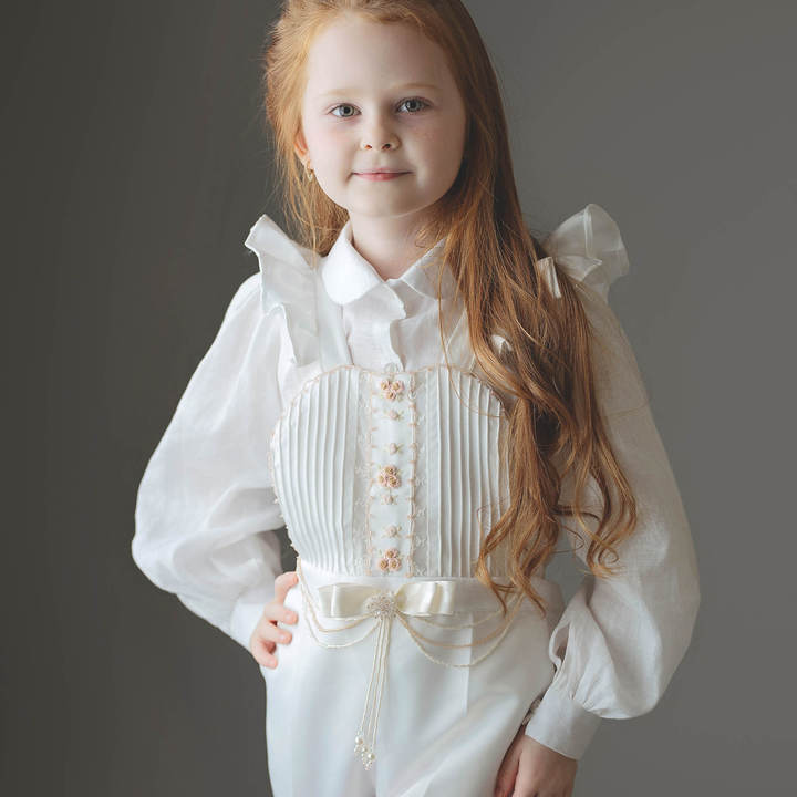Wholesale Coverall Girl Clothing Kid Wear Beading Embroidery Cotton Fashion Long Shirt White Pants Girl Clothes Set 2 Pieces