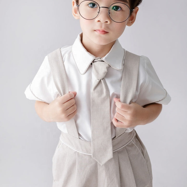 Custom Apparel Baby Boy Set 3 Pieces Outfits Tie White Short Sleeves Shirt Grey Short Shoulder Strap Pants - Paul Set