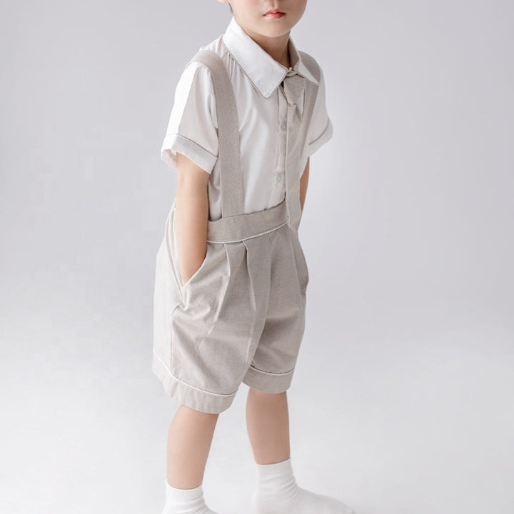 Custom Apparel Baby Boy Set 3 Pieces Outfits Tie White Short Sleeves Shirt Grey Short Shoulder Strap Pants - Paul Set