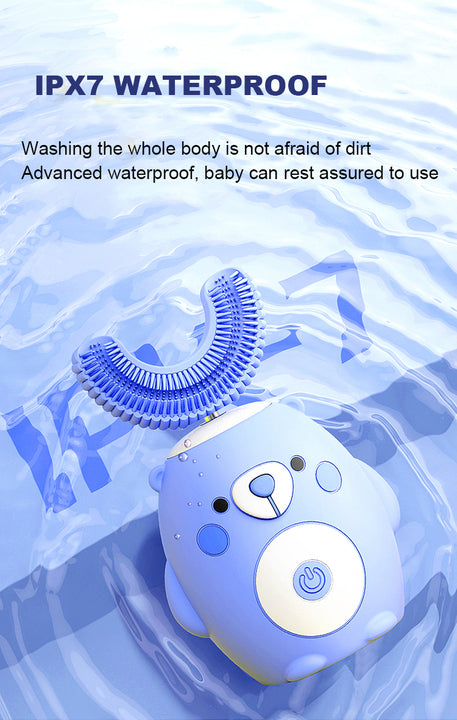 Children's Ultrasonic Electric Toothbrush Cartoon Bear U-Shaped with 4 Soft Bristles IPX7 Waterproof