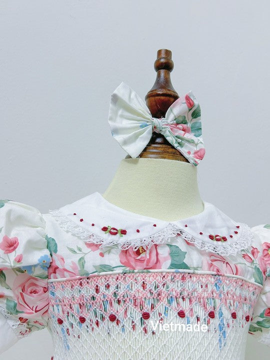 Kids Smocked Clothing Baby Kids Toddler Girls Sibling Clothes Summer Fall Floral Print Embroidery Dress Outfit Romper Matching