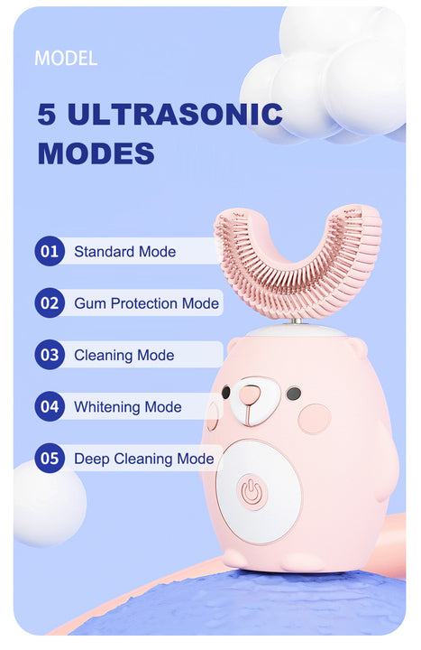 Children's Ultrasonic Electric Toothbrush Cartoon Bear U-Shaped with 4 Soft Bristles IPX7 Waterproof
