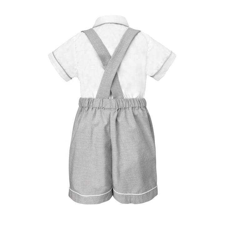 Custom Apparel Baby Boy Set 3 Pieces Outfits Tie White Short Sleeves Shirt Grey Short Shoulder Strap Pants - Paul Set