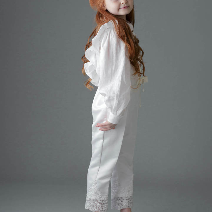Wholesale Coverall Girl Clothing Kid Wear Beading Embroidery Cotton Fashion Long Shirt White Pants Girl Clothes Set 2 Pieces