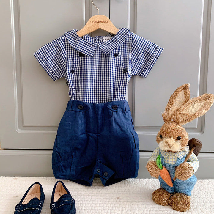 Summer Clothing Set Baby Boy Design 2024 2 Pieces Blue and White Plaid Short Sleeves Shirt and Blue Short Pants - FW Set