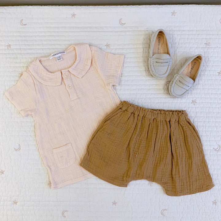 Best Price Baby Clothes Set 2 Pieces Summer Autumn Outfit , Beige Short Sleeves Shirt, Brown Short Pants - Zane Set