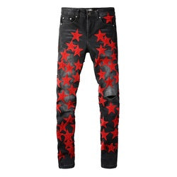 Dropshipping Ripped Distressed Leather Star Patch  Designer Mens denim Jeans