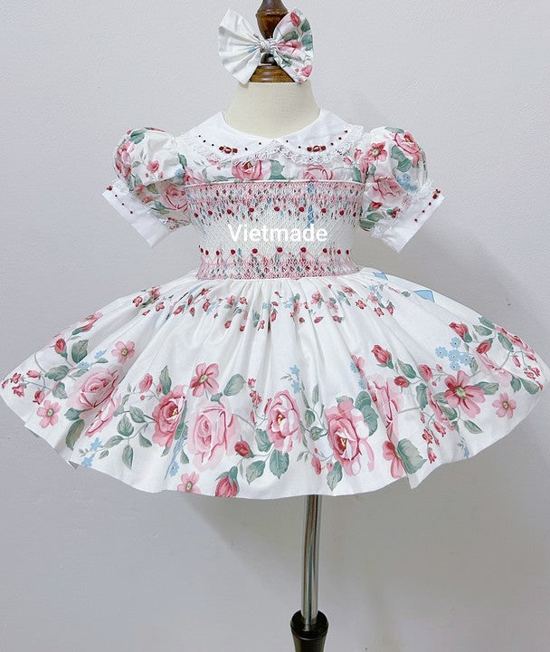 Kids Smocked Clothing Baby Kids Toddler Girls Sibling Clothes Summer Fall Floral Print Embroidery Dress Outfit Romper Matching