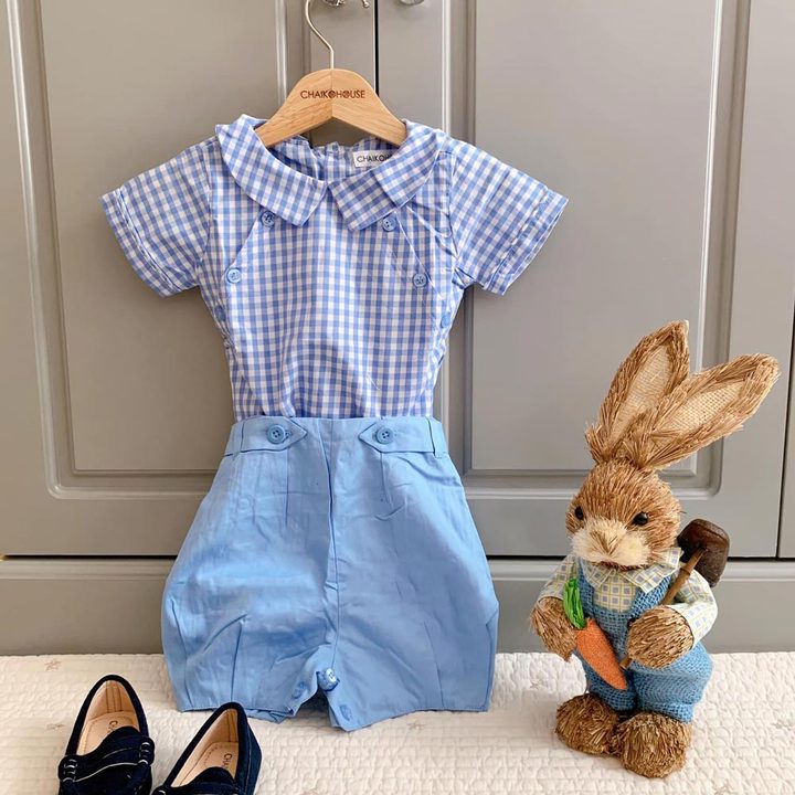 Summer Clothing Set Baby Boy Design 2024 2 Pieces Blue and White Plaid Short Sleeves Shirt and Blue Short Pants - FW Set