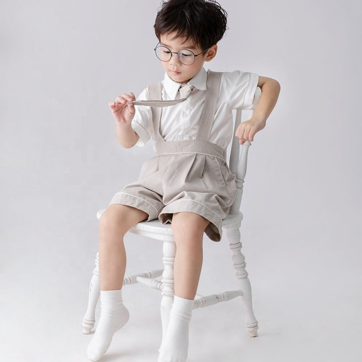 Custom Apparel Baby Boy Set 3 Pieces Outfits Tie White Short Sleeves Shirt Grey Short Shoulder Strap Pants - Paul Set