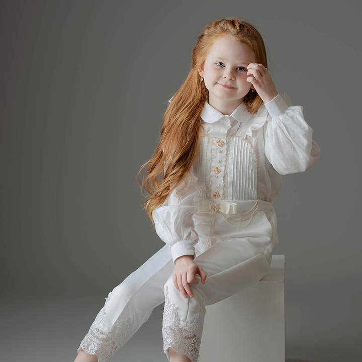 Wholesale Coverall Girl Clothing Kid Wear Beading Embroidery Cotton Fashion Long Shirt White Pants Girl Clothes Set 2 Pieces