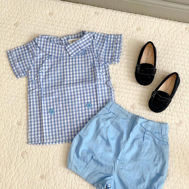 Summer Clothing Set Baby Boy Design 2024 2 Pieces Blue and White Plaid Short Sleeves Shirt and Blue Short Pants - FW Set