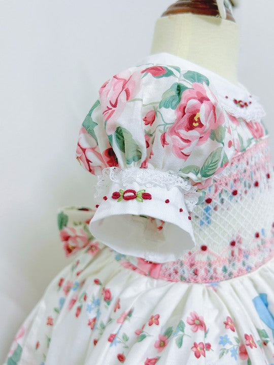 Kids Smocked Clothing Baby Kids Toddler Girls Sibling Clothes Summer Fall Floral Print Embroidery Dress Outfit Romper Matching