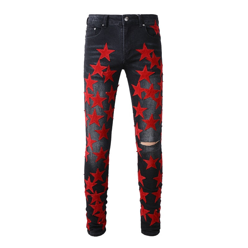 Dropshipping Ripped Distressed Leather Star Patch  Designer Mens denim Jeans