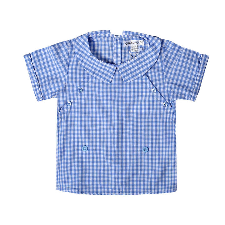 2024 Summer Hot Trend Baby Boy Clothing Set Blue and White Plaid Short Sleeves Shirt with Blue Short Pants-a Fashionable FW Set
