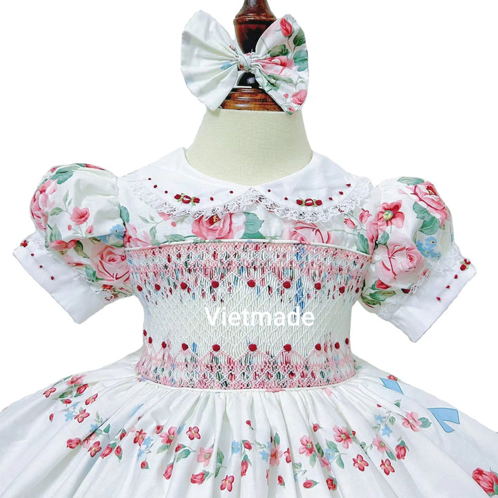 Kids Smocked Clothing Baby Kids Toddler Girls Sibling Clothes Summer Fall Floral Print Embroidery Dress Outfit Romper Matching