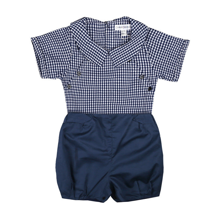 2024 Summer Hot Trend Baby Boy Clothing Set Blue and White Plaid Short Sleeves Shirt with Blue Short Pants-a Fashionable FW Set