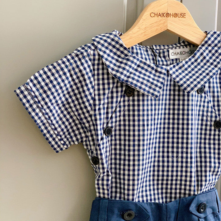 Summer Clothing Set Baby Boy Design 2024 2 Pieces Blue and White Plaid Short Sleeves Shirt and Blue Short Pants - FW Set