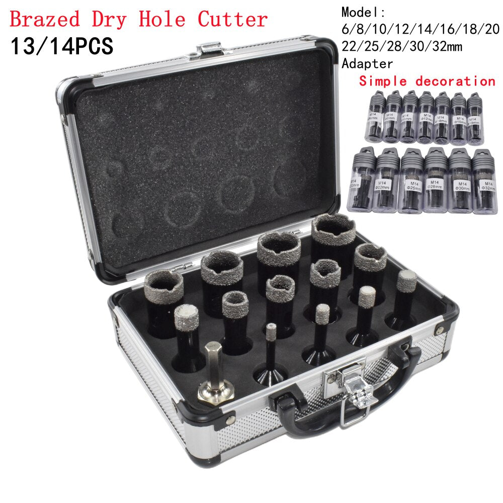 Diamond Dry Drill Bit Vacuum Brazed Core Bits Set Porcelain Tiles Crowns Granite Marble Hole Saw Tools 14Pcs 13PCS M14 Thread