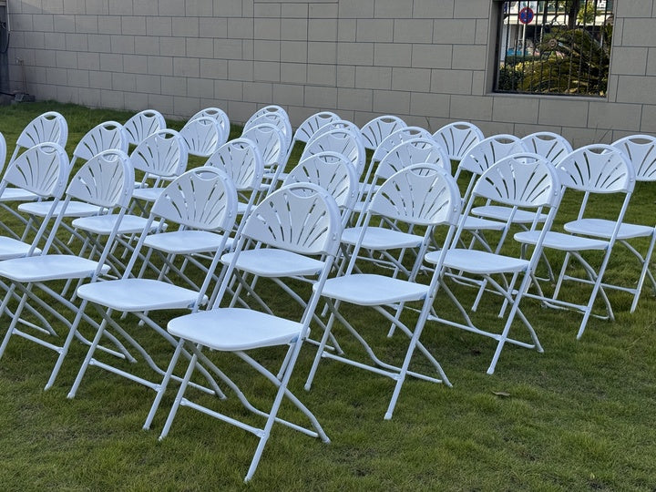 Wholesale Modern Comfortable Portable Colorful Garden Outdoor Warehouse Events Wedding Foldable Metal Plastic Fan Back Chairs