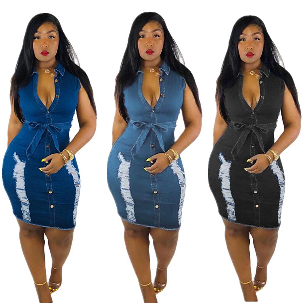 2020 summer women jeans sleeveless reverse collar washed and polished jeans dress