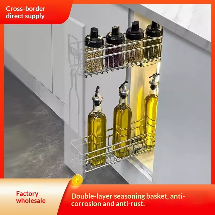 Kitchen Cabinet Drawer Side Pull Basket Base Cabinet Double Layer Pull Basket Storage Buffer Damping Slide Rail Seasoning Basket