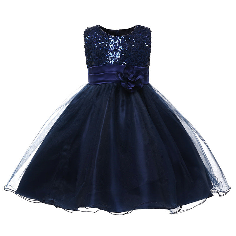Summer Sleeveless Sequined and Flower Tulle Princess Kids Girls Dress