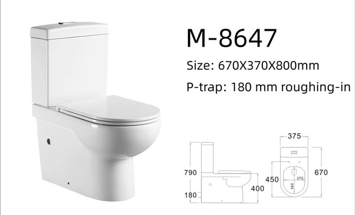 Modern Two Piece Ceramic P-Trap Toilet Seat with Dual-Flush Washdown System