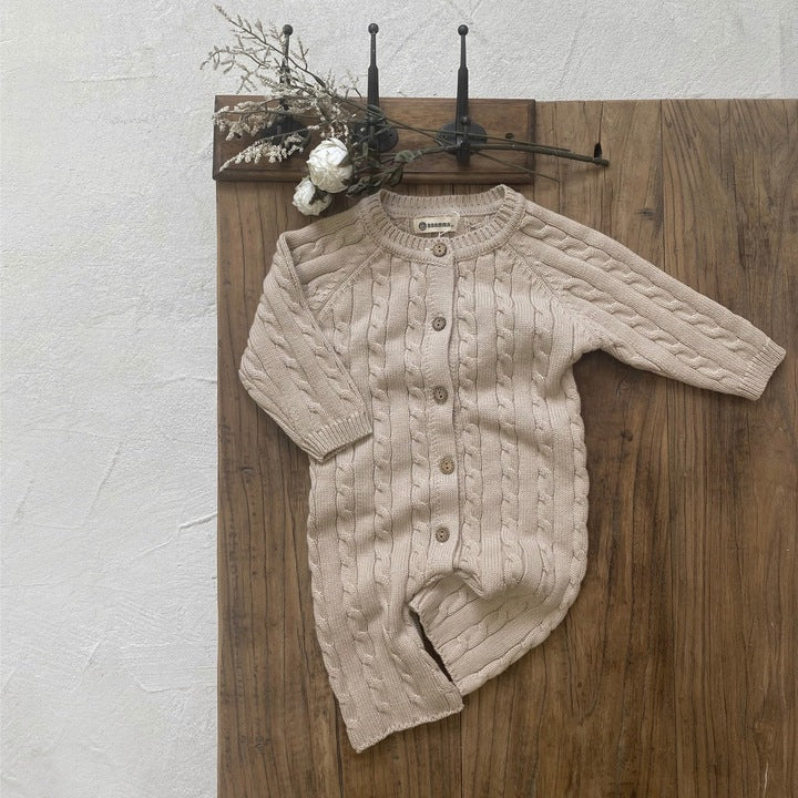 Hot Sale Autumn Spring Unisex Long Sleeve Kids Romper 100% Organic Cotton Rib Twisted Stitch Knit Baby Romper