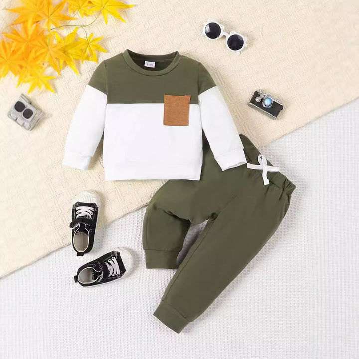 Casual Winter Kids Sweatshirt Set Double Patchwork Color Sweatshirt Pants Fashionable 2-Piece Cotton Baby Clothing