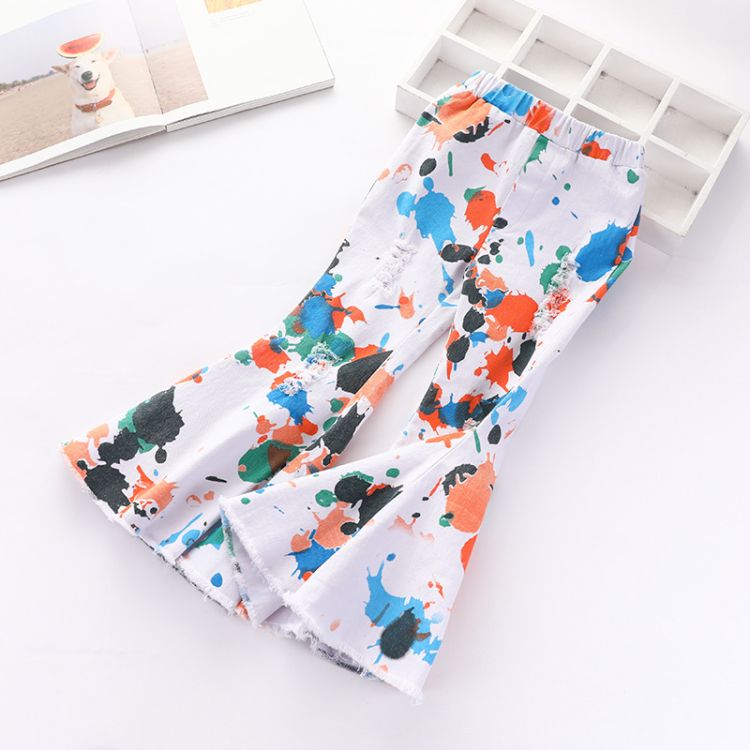 Elastic tie dye Kids Bell Bottom Pants Ripped Jeans 100% Cotton pattern holes style kids jeans pants for girl