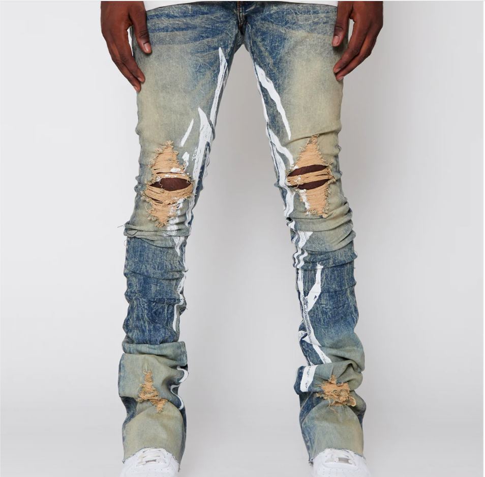 Vintage stacked denim pants wholesale custom slim fit prints ripped stacked jeans men flare
