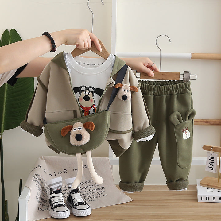 Male Baby Fall Suit 2024 New Baby Children's Spring and Autumn Handsome Clothes Striped Dinosaur Vest Three-piece Set
