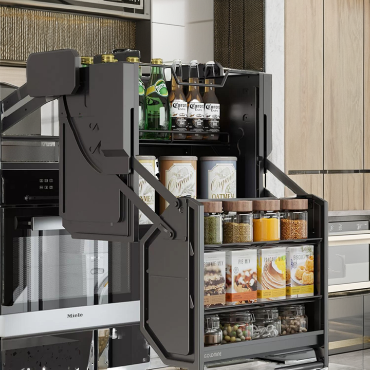 Magic Double-Tiered Metal Pantry Cabinet Modern Lift Kitchen Basket Storage Elevator for Tools Spices Food Tableware