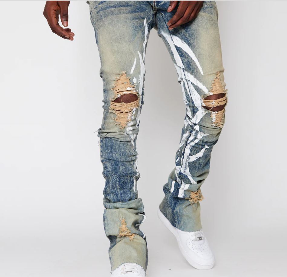Vintage stacked denim pants wholesale custom slim fit prints ripped stacked jeans men flare